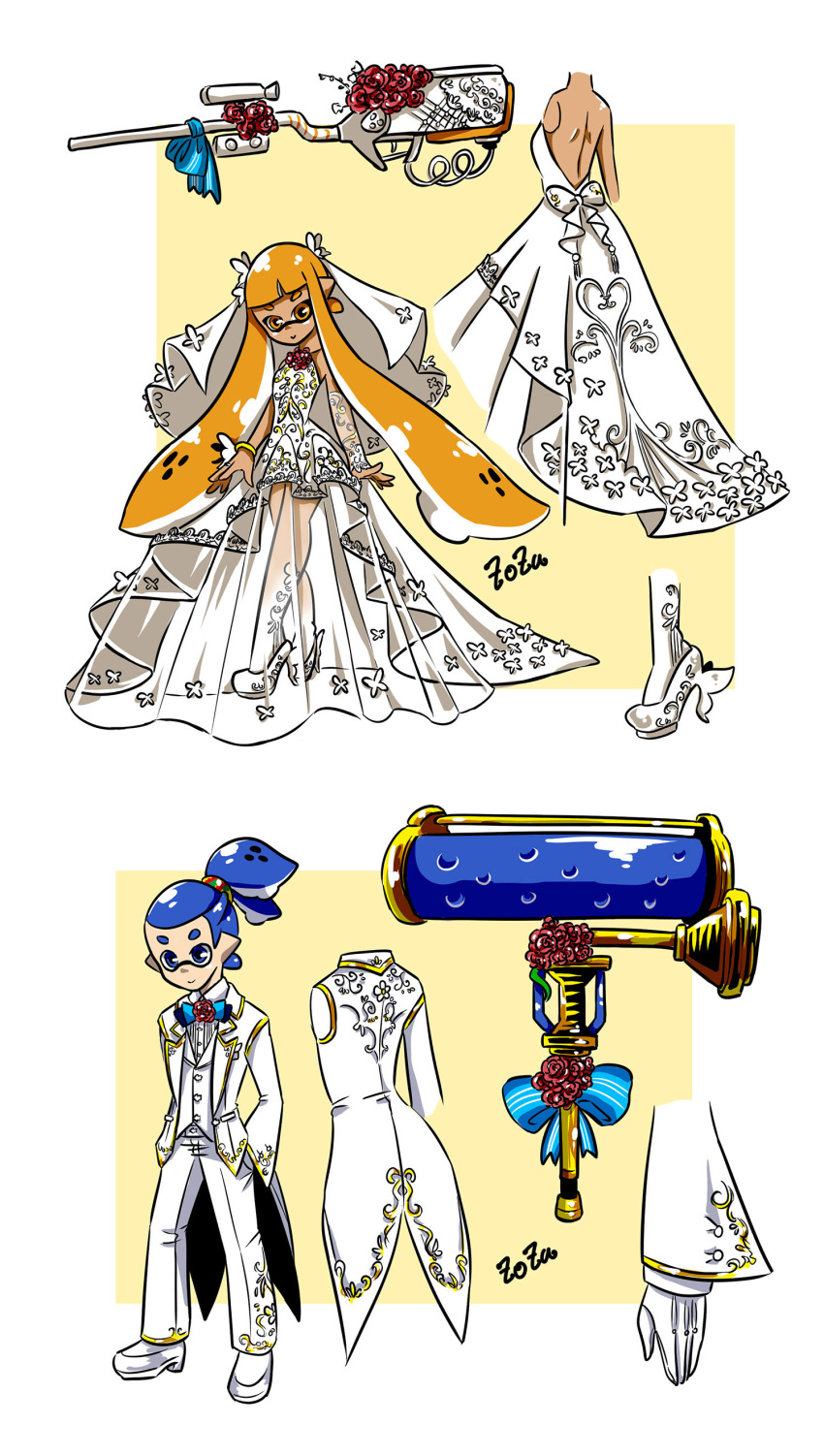 1boy 1girl absurdres artist_name bangs blue_bow blue_eyes blue_hair blue_neckwear blunt_bangs bouquet bow bowtie bracelet bridal_veil closed_mouth coattails dark_skin detached_sleeve domino_mask donut_(zoza) dress dress_shirt dynamo_roller_(splatoon) e-liter_3k_(splatoon) flower from_behind gloves hair_slicked_back hands_in_pockets high_heels highres inkling jacket jewelry long_dress long_hair long_sleeves looking_at_viewer mask multiple_views open-back_dress orange_eyes orange_hair outside_border pants pointy_ears pudding_(zoza) scope scrunchie see-through shirt shoes signature smile splatoon stitched strapless strapless_dress topknot tuxedo veil very_long_hair vest wedding wedding_dress white_belt white_dress white_footwear white_gloves white_jacket white_pants white_shirt white_vest zoza