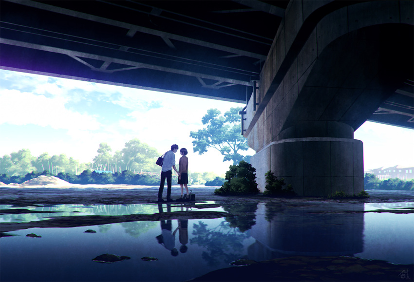 1boy 1girl bag black_hair black_pants black_skirt blue_sky bridge commentary_request couple day from_behind full_body hetero long_sleeves mocha_(cotton) original pants reflection river riverbank rock shirt short_hair shoulder_bag skirt sky standing sunlight tree under_bridge water white_shirt