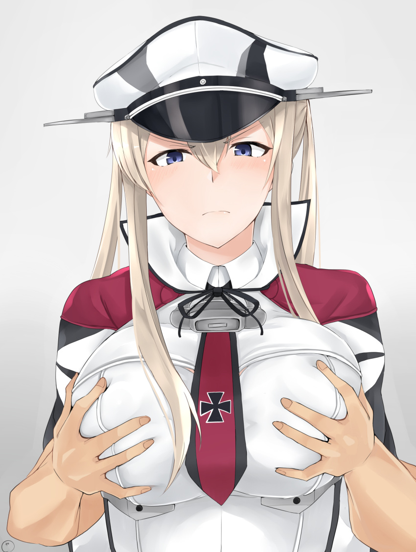 1girl anchor blue_eyes blush breast_grab breast_squeeze breasts capelet collared_shirt frown grabbing grabbing_from_behind graf_zeppelin_(kantai_collection) hat highres jacket kantai_collection large_breasts latex long_hair looking_at_viewer maruya1006 necktie peaked_cap red_neckwear shirt sidelocks simple_background solo_focus twintails upper_body white_background white_hat white_jacket