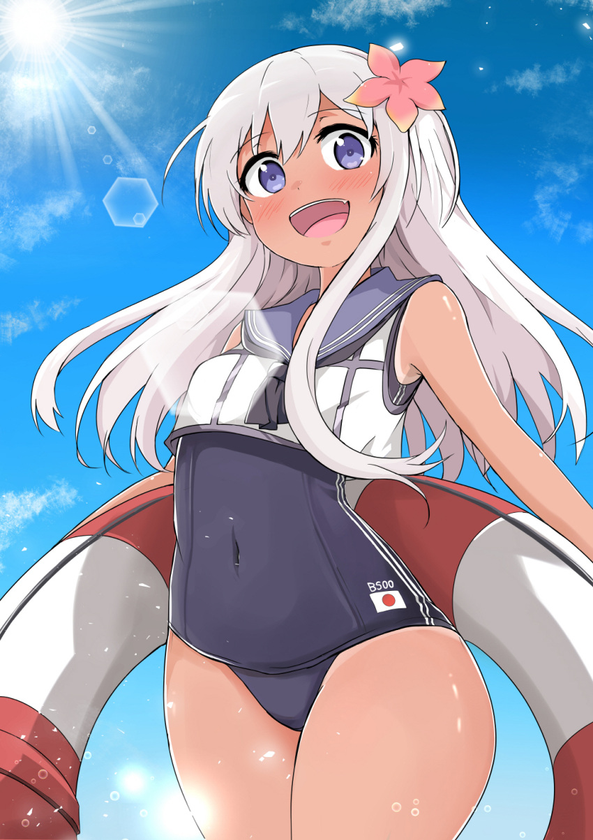 1girl blonde_hair blue_eyes blue_sailor_collar blue_sky blue_swimsuit clouds crop_top flower hair_flower hair_ornament highres kantai_collection lens_flare lifebuoy looking_at_viewer min_(minsik) one-piece_tan open_mouth outdoors ro-500_(kantai_collection) sailor_collar school_swimsuit sky smile solo sun swimsuit swimsuit_under_clothes tan tanline