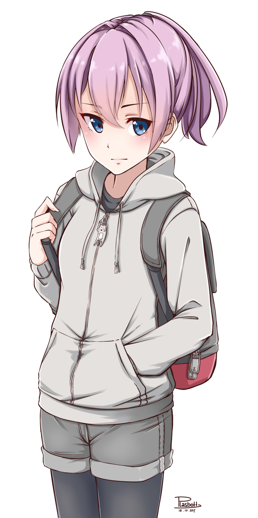 1girl :| absurdres anchor_symbol artist_name backpack bag bangs black_legwear blue_eyes blush cat_zipper closed_mouth cowboy_shot dated eyebrows_visible_through_hair grey_hoodie grey_shorts hair_tie hand_in_pocket highres holding_strap hood hood_down kantai_collection legs_together long_sleeves looking_to_the_side pantyhose pink_hair plasbott pocket ponytail shiranui_(kantai_collection) short_shorts shorts signature simple_background solo white_background zipper zipper_pull_tab