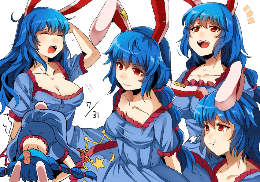 /\/\/\ 1girl :d :t alternate_hairstyle animal_ears arm_up bangs blue_dress blue_hair braid breasts cleavage closed_eyes closed_mouth collarbone crescent dated dress eyebrows_visible_through_hair hair_between_eyes hair_down head_bump highres long_hair medium_breasts multiple_views open_mouth pout rabbit_ears red_eyes sameya seiran_(touhou) short_sleeves simple_background smile star tears touhou twin_braids white_background yawning