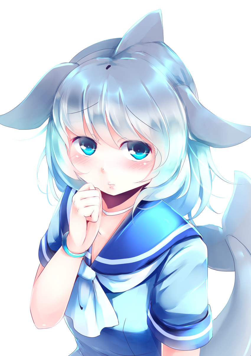 1girl absurdres animal_ears bangs blue_eyes blue_hair blue_sailor_collar blue_shirt blush closed_mouth commentary_request common_bottlenose_dolphin_(kemono_friends) cravat dolphin_tail eyebrows_visible_through_hair eyes_visible_through_hair fins fish_tail frown hand_on_own_chin highres kanzakietc kemono_friends looking_at_viewer sailor_collar school_uniform serafuku shirt short_hair short_sleeves simple_background solo tail white_background white_neckwear