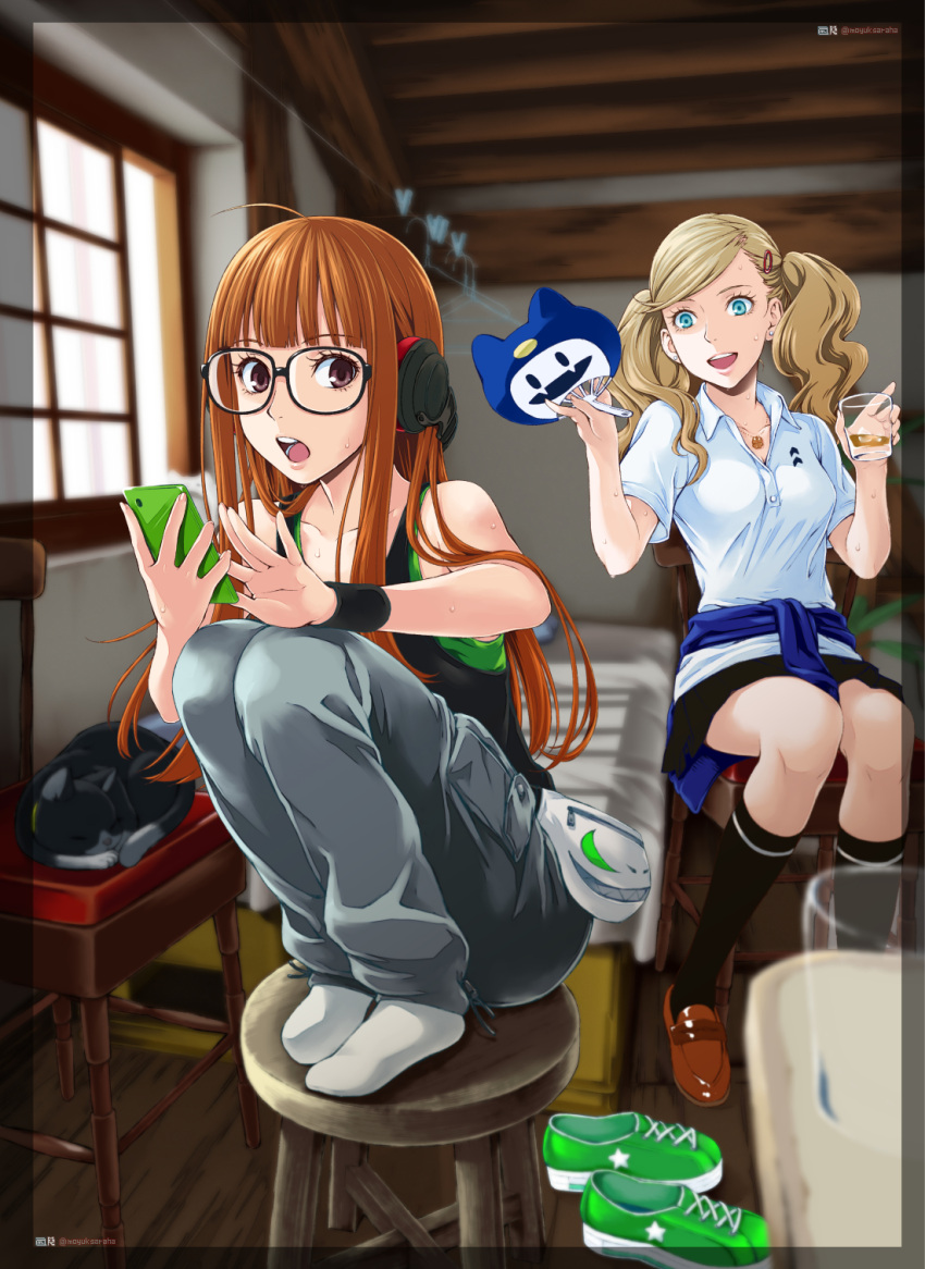 2girls :d :o ahoge amupon animal bangs bare_arms bare_shoulders bed behind-the-head_headphones black_cat black_legwear black_skirt blonde_hair blue_eyes blunt_bangs blurry border breasts brown_eyes brown_footwear cat cellphone chair cleavage clothes_around_waist collarbone collared_shirt commentary_request cup day depth_of_field drink drinking_glass earrings fan full_body green_footwear grey_pants hair_ornament hairclip highres holding holding_drinking_glass holding_phone ice ice_cube indoors jack_frost jewelry kneehighs knees_up loafers long_hair medium_breasts miniskirt morgana_(persona_5) multiple_girls necklace open_mouth orange_hair pants paper_fan pendant persona persona_5 phone pleated_skirt room round_teeth sakura_futaba shirt shoes shoes_removed sitting skirt sleeping sleeveless smartphone smile sneakers speeing stool stud_earrings sunlight sweat sweatband swept_bangs takamaki_anne tank_top teeth twintails uchiwa window wing_collar