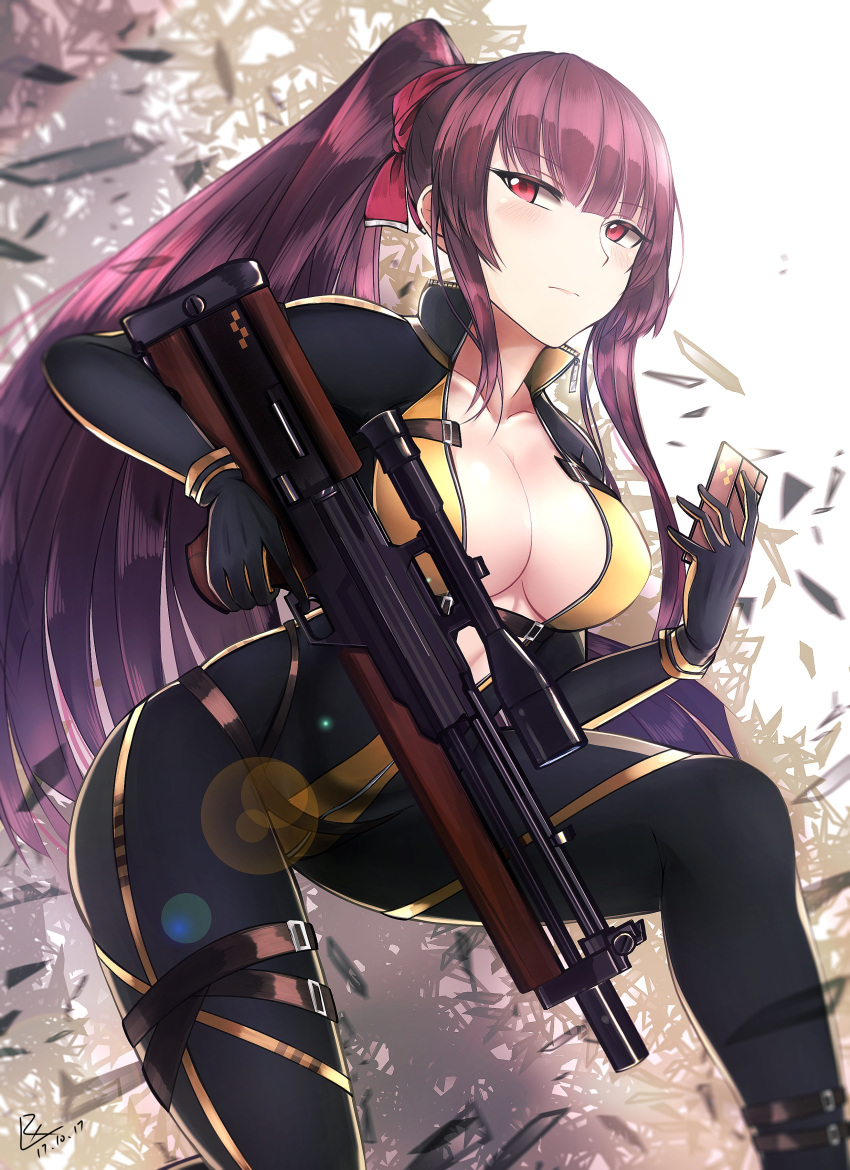 1girl absurdres adapted_costume alternate_hairstyle blush breasts bullpup cleavage girls_frontline gloves gun highres kneeling large_breasts long_hair looking_at_viewer ponytail purple_hair red_eyes rifle scope sniper_rifle solo wa2000_(girls_frontline) walther walther_wa_2000 weapon zhishi_ge_fangzhang