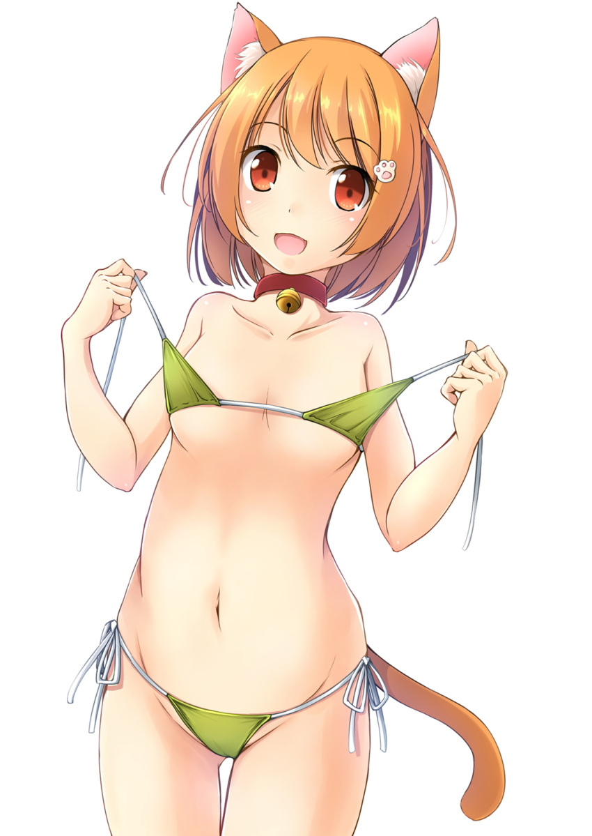 1girl :d animal_ears bell bell_collar bikini bikini_lift blush breasts brown_eyes brown_hair cat_ears cat_tail cleavage collar collarbone cowboy_shot eyebrows_visible_through_hair green_bikini groin highres holding_strap jingle_bell looking_at_viewer medium_breasts navel open_mouth original paw_hair_ornament shibacha_(shibacha_0728) short_hair side-tie_bikini simple_background smile solo swimsuit tail white_background