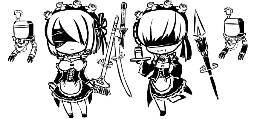 1boy 1girl alternate_costume blindfold drink enmaided frown invader maid monochrome mop nier_(series) nier_automata plate pod_(nier_automata) polearm smile spear sword weapon yorha_no._2_type_b yorha_no._9_type_s