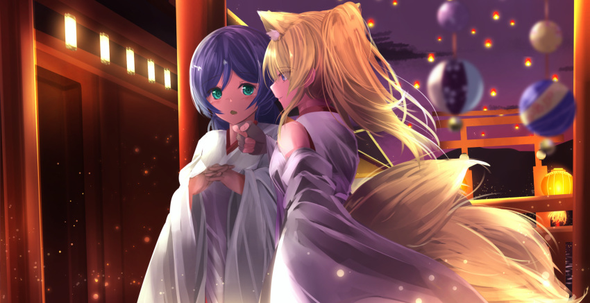 2girls animal_ears architecture ayase_eli blonde_hair blue_eyes blush detached_sleeves east_asian_architecture fox_ears fox_tail green_eyes highres japanese_architecture japanese_clothes kitsune lantern long_hair looking_at_another love_live! love_live!_school_idol_project low_twintails miko multiple_girls multiple_tails night orein paper_lantern ponytail purple_hair purple_sky smile tail torii toujou_nozomi twintails wide_sleeves