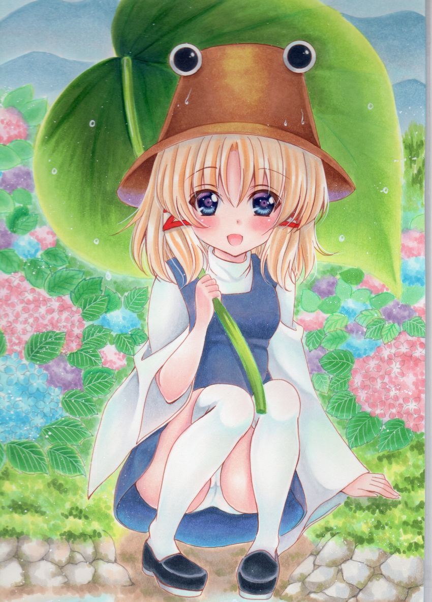 1girl :d absurdres blonde_hair blue_dress blue_eyes dress eyebrows_visible_through_hair flower grass hair_ribbon hat highres hydrangea leaf leaf_umbrella loafers long_sleeves looking_at_viewer marker_(medium) masaki_(masarin0909) moriya_suwako mountain open_mouth outdoors panties pantyshot pantyshot_(squatting) rain ribbon rock shoes short_hair sidelocks smile solo squatting thigh-highs touhou traditional_media underwear water_drop white_legwear white_panties