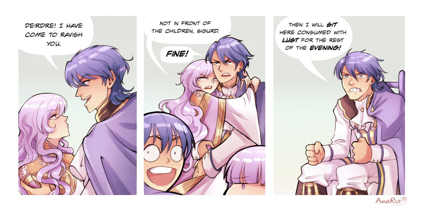 2boys 2girls blue_eyes blue_hair blush cape celice_(fire_emblem) diadora_(fire_emblem) dress english father_and_daughter father_and_son fire_emblem fire_emblem:_seisen_no_keifu fire_emblem_heroes highres lavender_hair long_hair mother_and_daughter multiple_boys multiple_girls purple_hair short_hair sigurd_(fire_emblem) smile very_long_hair violet_eyes yuria_(fire_emblem)