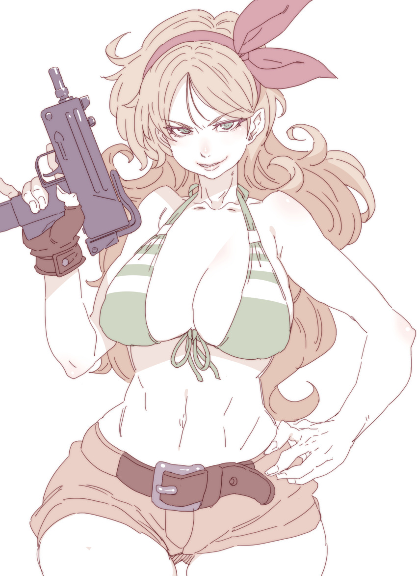 1girl bare_shoulders belt belt_buckle bikini bikini_top blonde_hair bow breasts brown_gloves buckle collarbone cowboy_shot curly_hair dragon_ball fingerless_gloves front-tie_bikini front-tie_top gloves green_eyes gun hair_bow hairband hand_on_hip hand_up highres holding holding_gun holding_weapon large_breasts long_hair looking_at_viewer lunch_(dragon_ball) mac-10 midriff navel red_bow ribbon short_shorts shorts simple_background smile smirk solo submachine_gun swimsuit tasaka_shinnosuke thigh_gap trigger_discipline weapon white_background