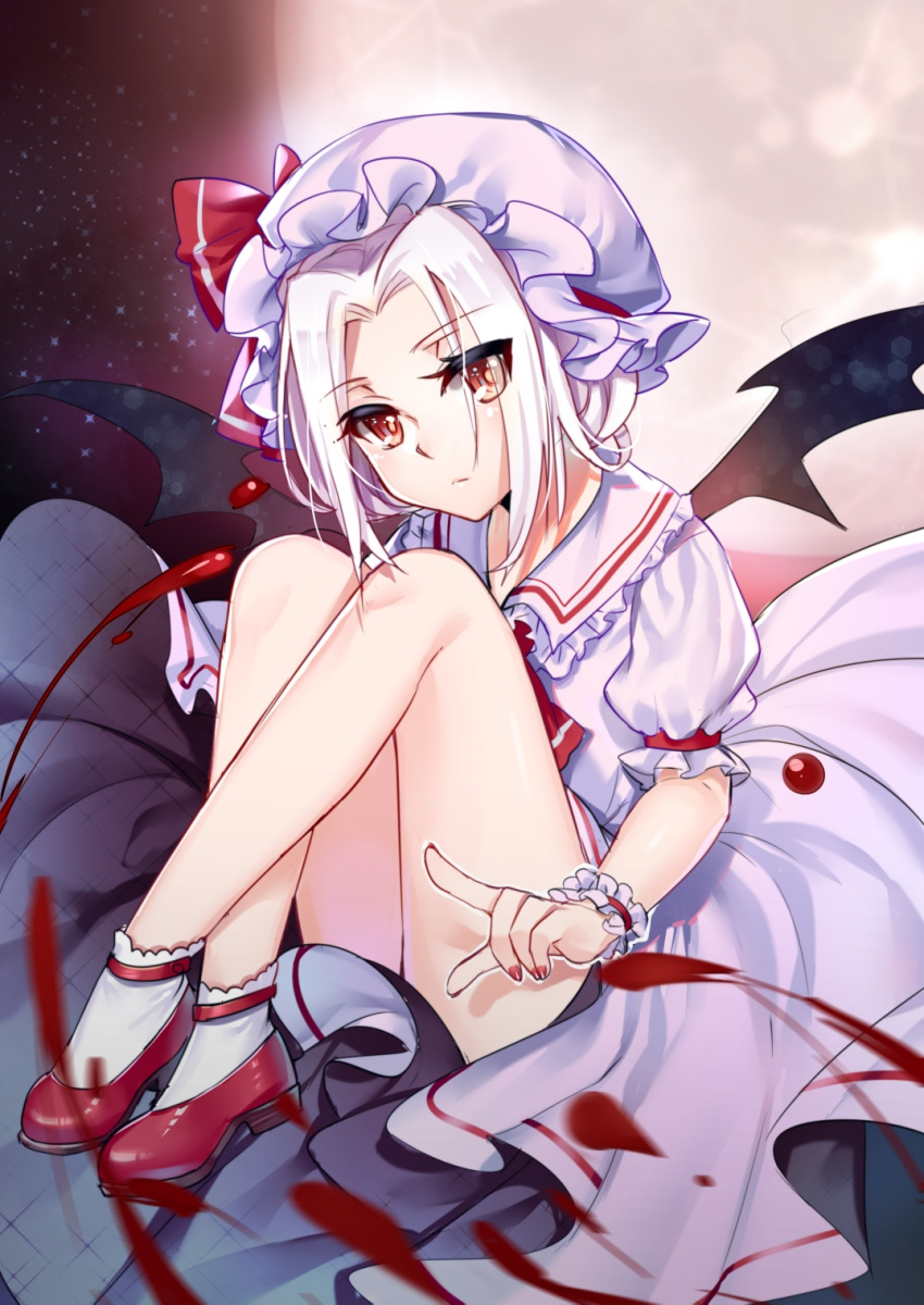 1girl aer_(tengqiu) ascot bare_legs bat_wings blood chinese commentary_request cosplay expressionless full_body full_moon hat hat_ribbon highres looking_at_viewer mob_cap moon nail_polish night night_sky outdoors puffy_short_sleeves puffy_sleeves red_eyes red_footwear red_nails red_ribbon remilia_scarlet remilia_scarlet_(cosplay) ribbon shoes short_sleeves skirt skirt_set sky socks solo vittorio_veneto_(zhan_jian_shao_nyu) white_hair white_legwear wings wrist_cuffs zhan_jian_shao_nyu