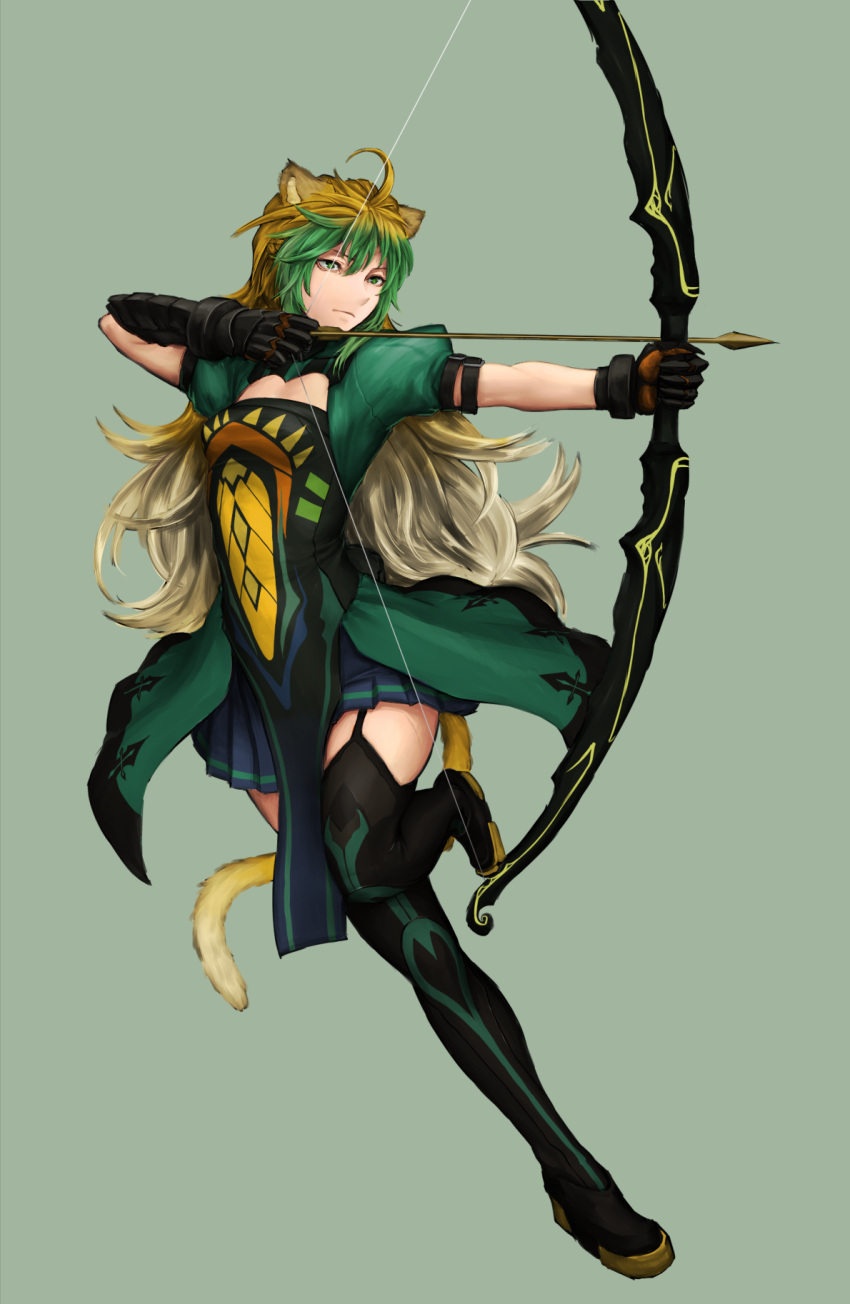 1girl ahoge animal_ears archer_of_red blonde_hair bow_(weapon) cat_ears cat_tail closed_mouth dress fate/apocrypha fate_(series) gauntlets green_dress green_eyes green_hair highres holding holding_bow_(weapon) holding_weapon long_hair multicolored_hair simple_background solo tail thigh-highs two-tone_hair very_long_hair weapon