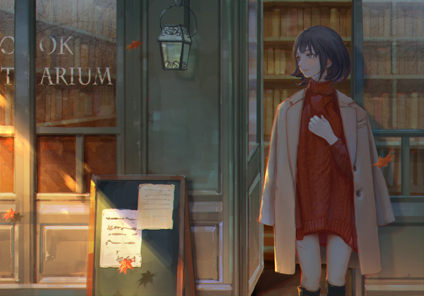 1girl autumn_leaves bangs black_hair blush book bookshelf bookstore boots closed_mouth coat commentary_request day door hand_up jacket_on_shoulders knee_boots lantern leaf long_sleeves looking_away looking_to_the_side maple_leaf open_door original outdoors sho_(shoichi-kokubun) shop short_hair sign solo standing sweater_vest window