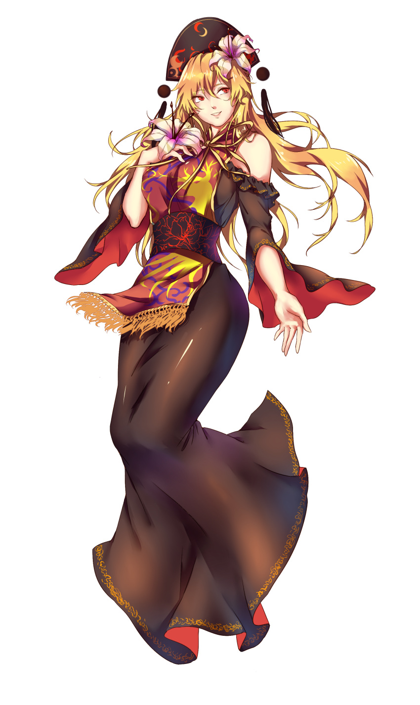 1girl absurdres bangs black_dress blonde_hair breasts chinese_clothes crescent dress flower full_body hair_flower hair_ornament hat hibiscus highres junko_(touhou) kagari6496 large_breasts long_hair parted_lips red_eyes sash shoulder_cutout smile solo tabard touhou transparent_background wide_sleeves