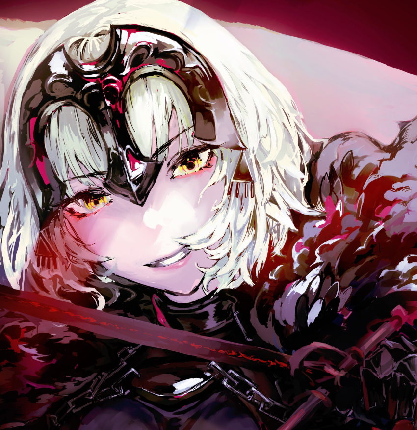 absurdres bangs cape close-up diadem eyebrows_visible_through_hair face fate/grand_order fate_(series) fur_trim highres holding holding_sword holding_weapon jeanne_alter looking_at_viewer pink_lips ruler_(fate/apocrypha) ryono_mizuki smile sword weapon white_hair yellow_eyes