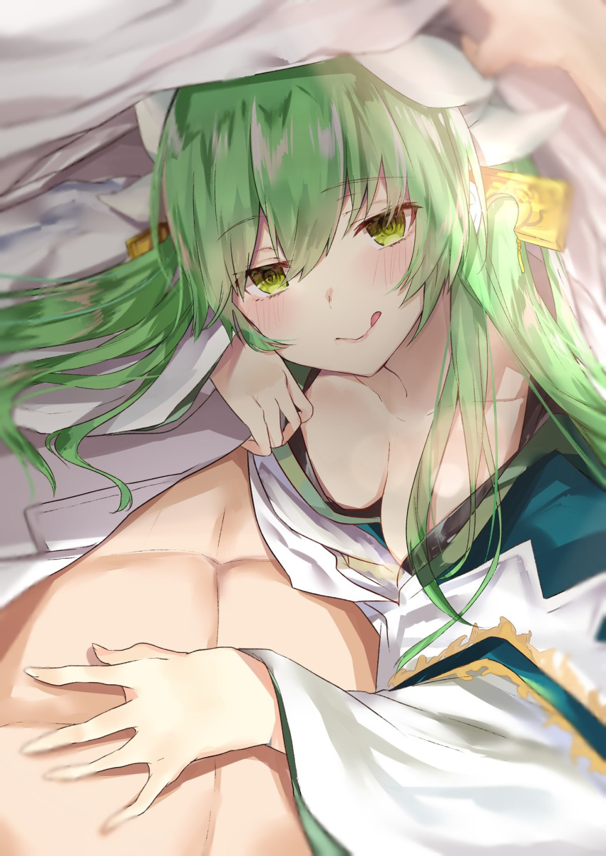 1boy 1girl :q abs bangs blush breasts cleavage collarbone commentary_request eyebrows_visible_through_hair fate/grand_order fate_(series) green_eyes green_hair hair_between_eyes hair_ornament hand_on_another's_chest highres horns japanese_clothes kimono kiyohime_(fate/grand_order) licking_lips long_hair long_sleeves looking_at_viewer medium_breasts nanakagura pov smile tongue tongue_out under_covers undressing wide_sleeves