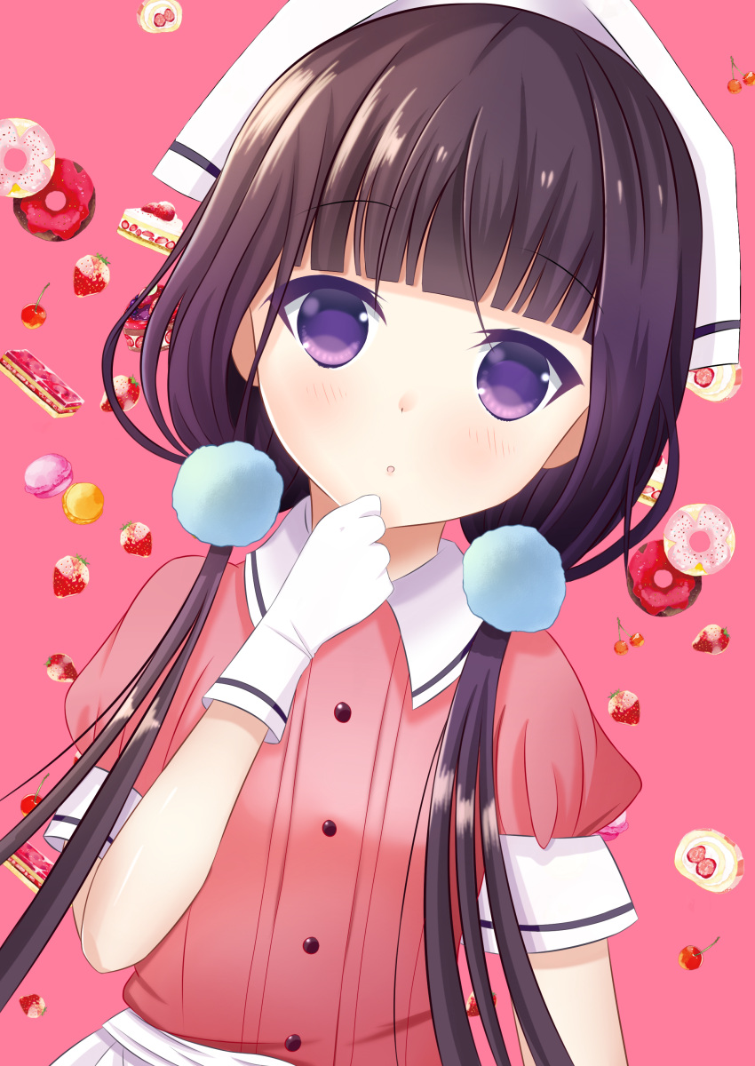 1girl :o absurdres amasajithira bangs black_hair blend_s blunt_bangs blush buttons cake cherry collared_shirt commentary_request dessert doughnut dutch_angle eyebrows_visible_through_hair food fruit gloves hand_on_own_chin hand_up head_scarf highres long_hair looking_at_viewer low_twintails macaron pink_background pink_shirt pom_pom_(clothes) sakuranomiya_maika shiny shiny_hair shirt short_sleeves solo strawberry twintails upper_body violet_eyes white_gloves