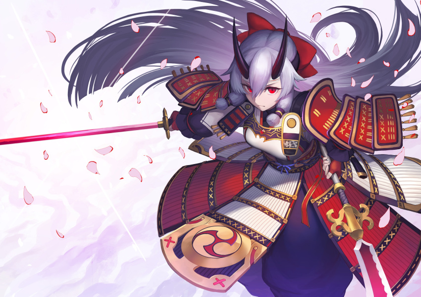 1girl armor armored_dress cherry_blossoms fate/grand_order fate_(series) fingerless_gloves gloves highres japanese_armor katana long_hair naginata nkmr8 oni_horns petals polearm red_eyes sode solo sword tomoe_(symbol) tomoe_gozen_(fate/grand_order) unsheathed very_long_hair weapon white_hair