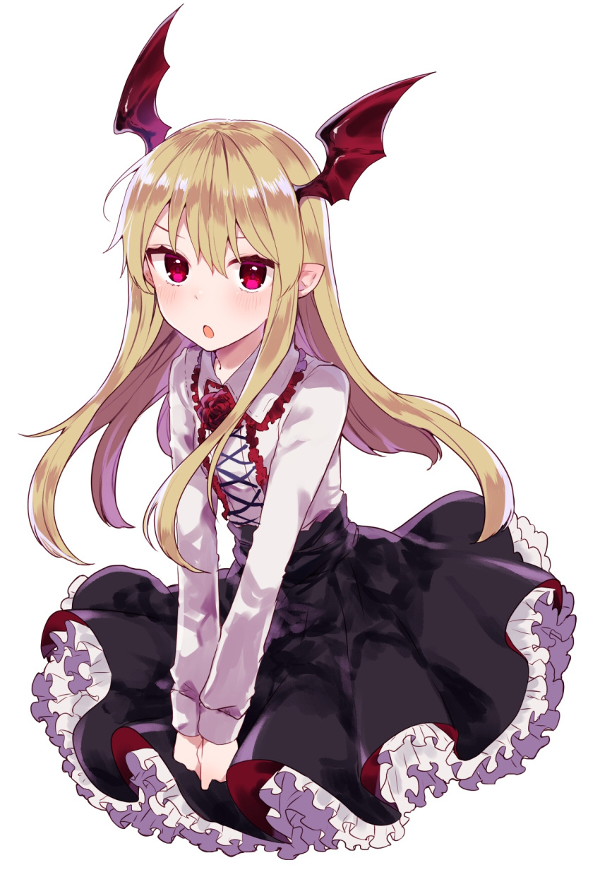 1girl bangs bat_wings black_skirt blonde_hair blush collared_shirt commentary_request flower frilled_shirt frilled_skirt frills granblue_fantasy hands_together highres ikeuchi_tanuma long_hair long_sleeves looking_at_viewer open_mouth pointy_ears red_eyes red_flower shirt simple_background skirt solo vampire vampy white_background white_shirt wing_collar wings