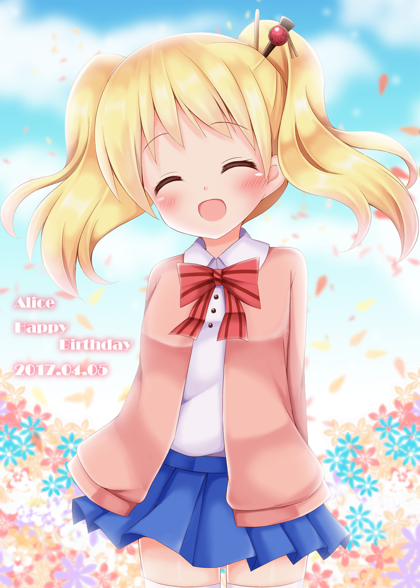 1girl :d ^_^ alice_cartelet arms_behind_back bangs blonde_hair blue_skirt blue_sky blush bow bowtie cardigan character_name closed_eyes clouds collared_shirt commentary_request cowboy_shot eyebrows_visible_through_hair facing_viewer flower hair_ornament happy_birthday head_tilt highres kin-iro_mosaic long_hair long_sleeves minato_(ojitan_gozaru) open_mouth petals pink_cardigan pleated_skirt red_neckwear school_uniform shirt skirt sky smile solo standing striped_neckwear thigh-highs twintails white_legwear white_shirt