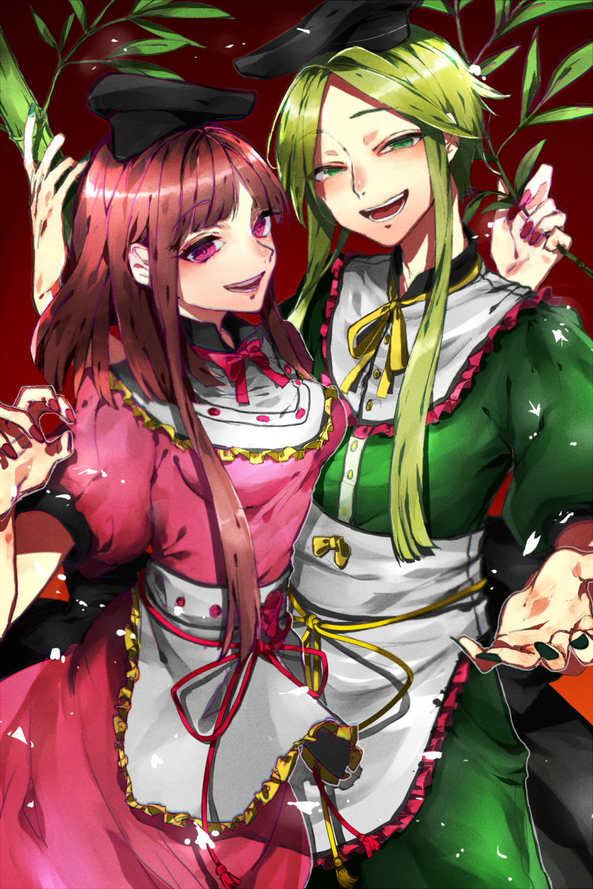 2girls apron bamboo black_hat bow brown_hair dress frills fuuga_(perv_rsity) green_dress green_eyes green_hair hat highres light_particles looking_at_viewer multiple_girls myouga_(plant) nail_polish nishida_satono open_mouth short_hair short_hair_with_long_locks short_sleeves smile tate_eboshi teireida_mai touhou waist_apron