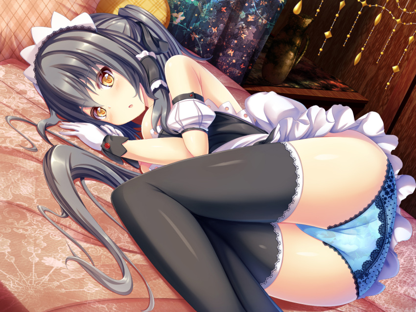 1girl apron ass bangs bare_shoulders black_hair black_legwear blue_panties blush breasts commentary_request gloves hair_tubes highres liya long_hair looking_at_viewer lying maid maid_headdress medium_breasts on_bed on_side orange_eyes original panties parted_lips short_ponytail solo thigh-highs underwear very_long_hair waist_apron white_gloves wrist_cuffs