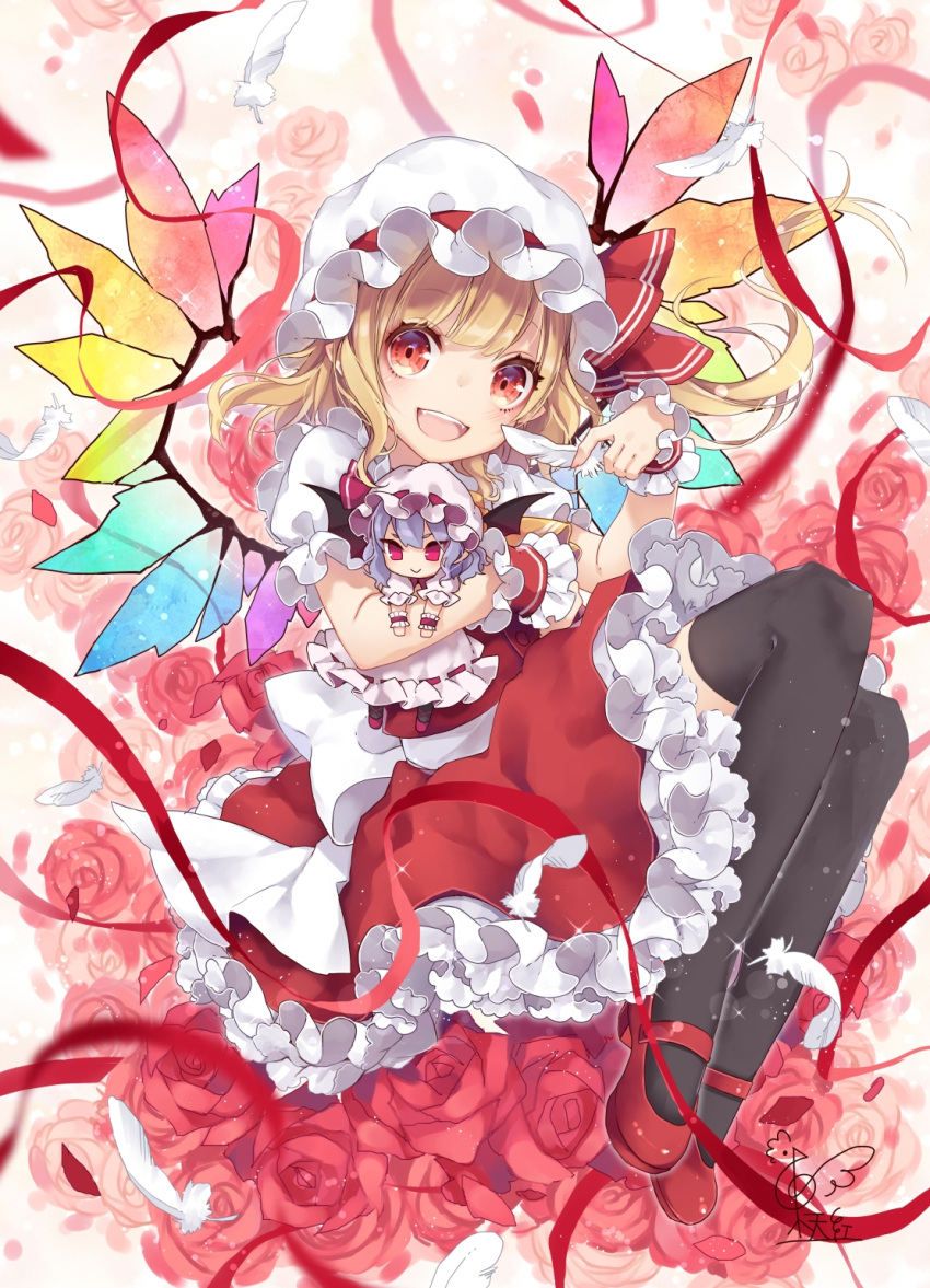 1girl bangs black_legwear blonde_hair character_doll feathers flandre_scarlet flower hat hat_ribbon highres looking_at_viewer mob_cap open_mouth over-kneehighs puffy_short_sleeves puffy_sleeves red_eyes red_footwear red_ribbon red_rose red_skirt remilia_scarlet ribbon rose shoes short_sleeves skirt skirt_set smile solo thigh-highs touhou toutenkou white_hat wings wrist_cuffs
