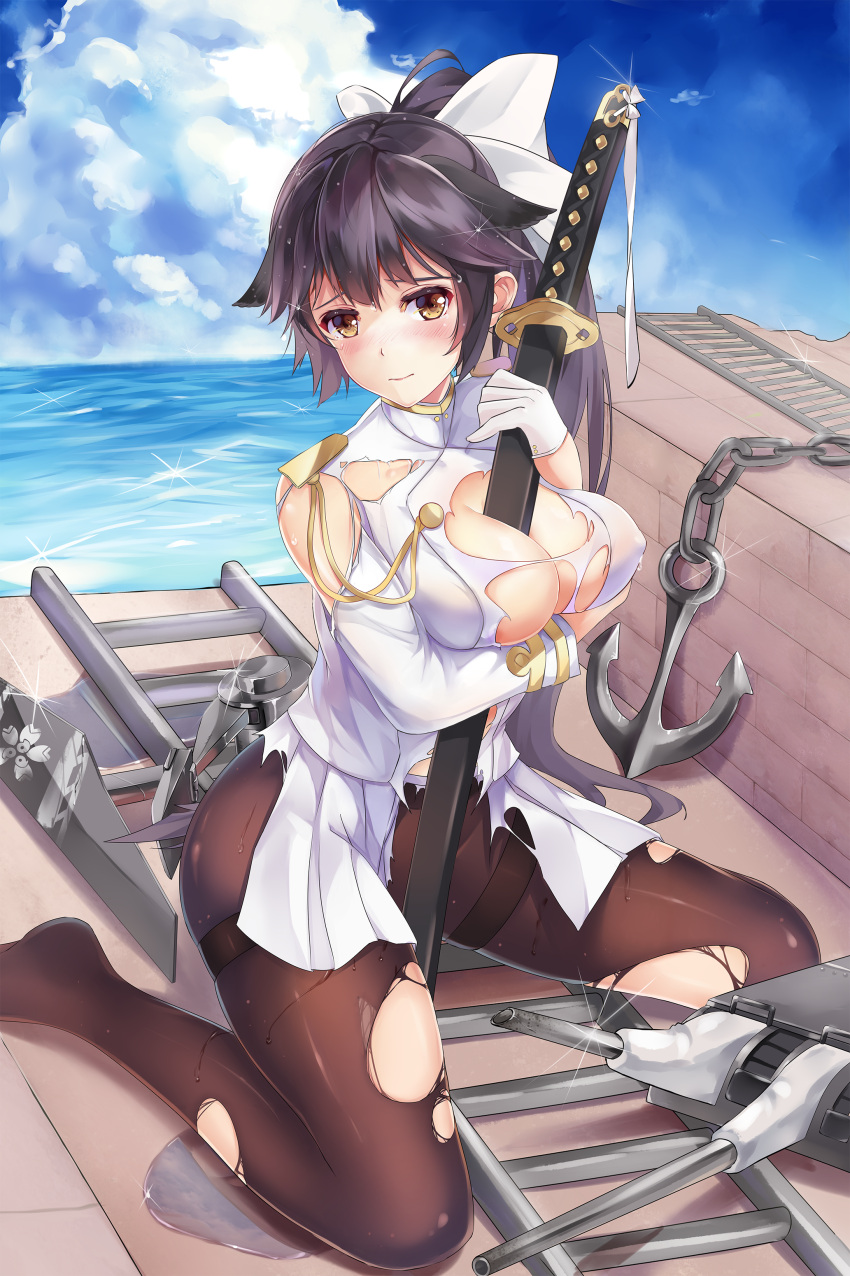1girl absurdres anchor azur_lane bangs between_breasts blue_sky bow breasts chains cleavage closed_mouth clouds cloudy_sky day hair_bow hair_flaps highres katana large_breasts light_smile long_hair looking_at_viewer ocean outdoors pantyhose ponytail sheath sheathed sidelocks sky solo sword takao_(azur_lane) thighband_pantyhose thighs torn_clothes torn_pantyhose very_long_hair weapon zombie-andy