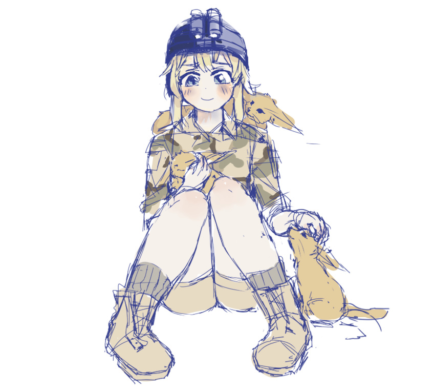 1girl animal animal_on_lap animal_on_shoulder artist_request blonde_hair blue_eyes boots camouflage colored fennec_fox full_body helmet highres holding holding_animal knees_together_feet_apart night_vision_device operator-chan petting shirt shorts socks