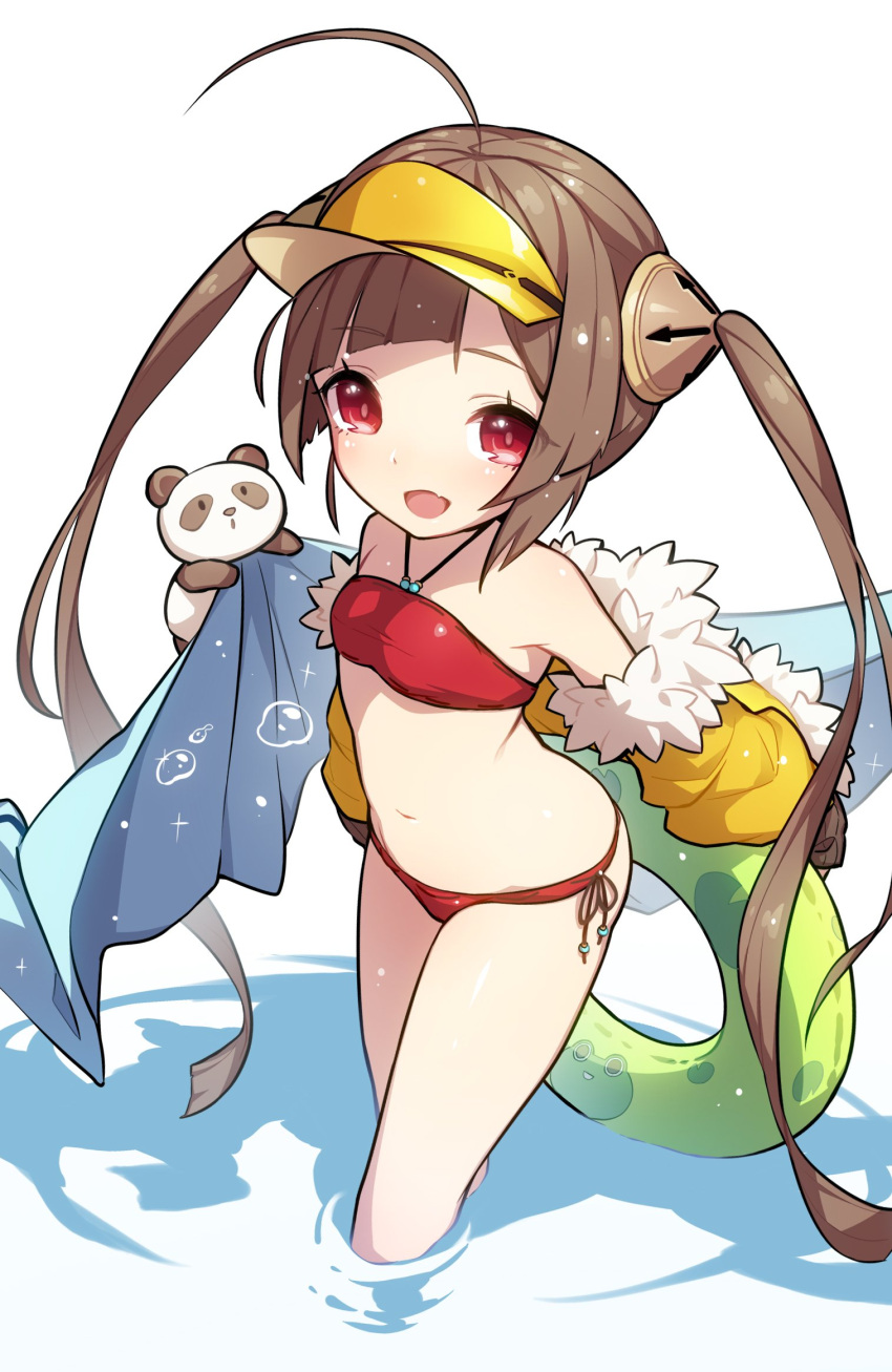 1girl :d ahoge azur_lane bangs bare_shoulders bikini blunt_bangs blush breasts bright_pupils brown_hair eyebrows_visible_through_hair fang fur-trimmed_jacket fur_trim highres innertube jacket kaki_gohri long_hair looking_at_viewer off_shoulder open_mouth panda ping_hai_(azur_lane) red_bikini red_eyes simple_background small_breasts smile solo standing swimsuit twintails very_long_hair wading water water_drop white_background yellow_jacket