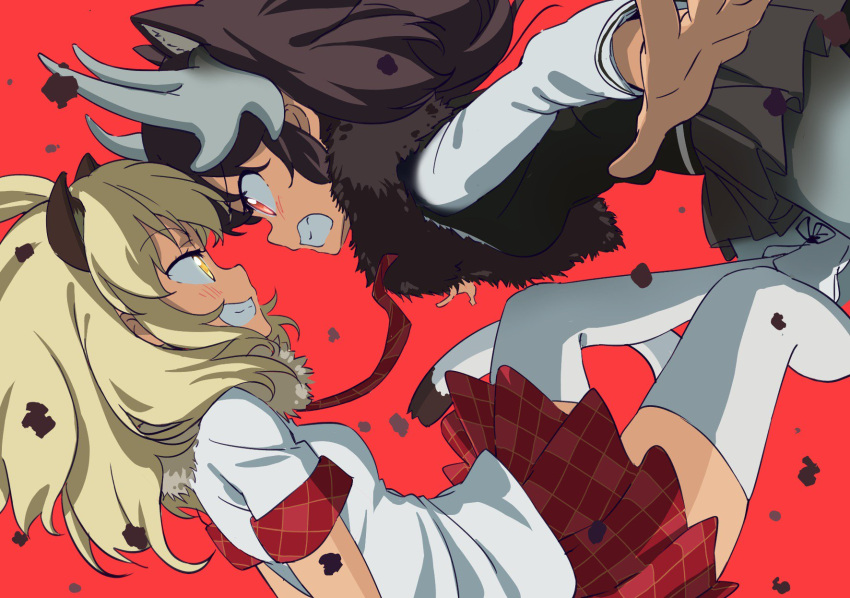 2girls :d animal_ears antlers bangs black_vest blonde_hair brown_hair checkered checkered_skirt clenched_teeth debris dutch_angle eye_contact eyebrows_visible_through_hair from_side fur_collar grey_skirt highres kemono_friends lion_(kemono_friends) lion_ears long_sleeves looking_at_another moose_(kemono_friends) moose_ears multiple_girls open_mouth pantyhose profile red_background red_eyes red_skirt shirt short_hair short_sleeves skirt smile teeth thigh-highs tomato_(lsj44867) vest white_legwear white_shirt