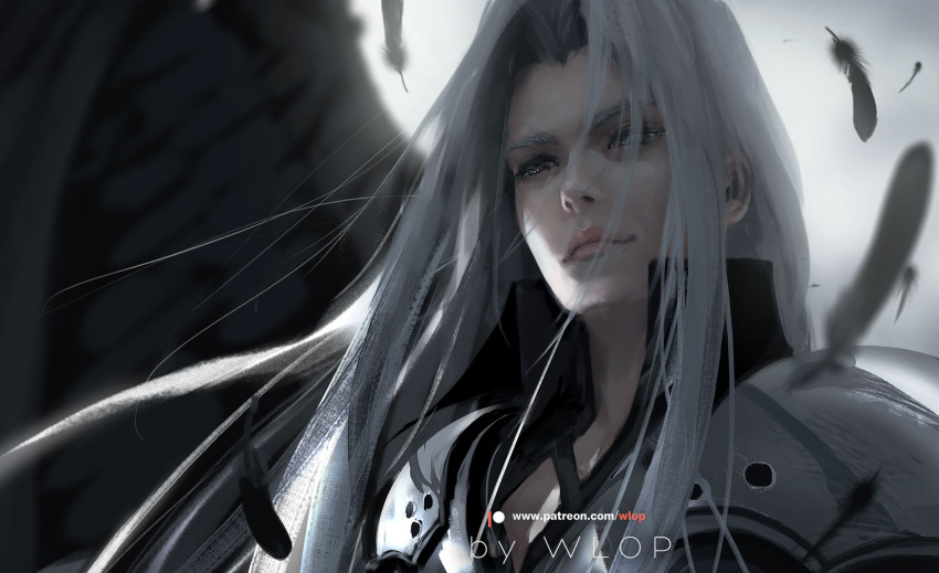 1boy artist_name blurry blurry_background close-up closed_mouth clouds cloudy_sky depth_of_field feathers final_fantasy final_fantasy_vii grey_hair grey_sky high_collar highres long_hair looking_away looking_down male_focus patreon_username pink_lips sephiroth sky solo wlop