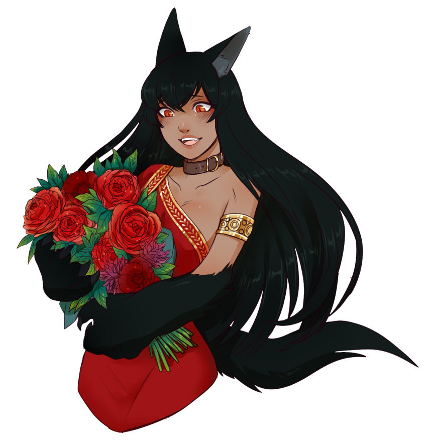 1girl :d alternate_costume animal_ears anubis_(monster_girl_encyclopedia) armlet belt_collar black_fur black_hair blush bouquet breasts cropped_legs dark_skin dress flower flower_request highres jewelry large_breasts long_hair manosdetrapo monster_girl monster_girl_encyclopedia open_mouth paws pink_lips red_dress red_rose rose single_bare_shoulder slit_pupils smile solo tail transparent_background wolf_ears wolf_tail