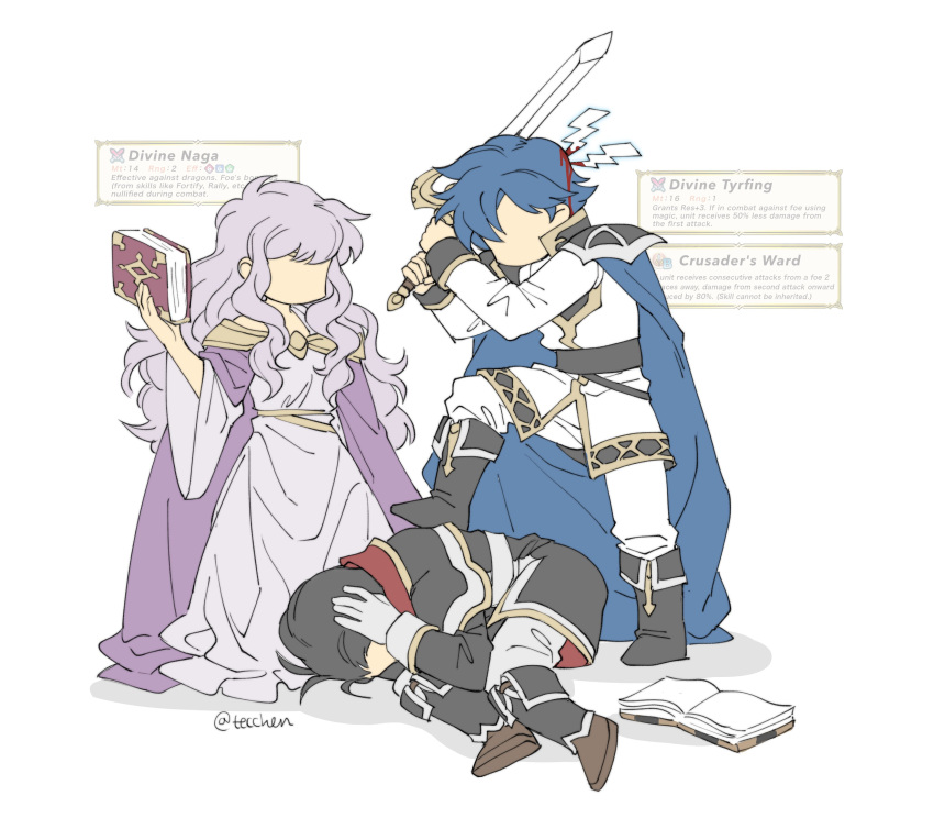 1girl 2boys absurdres blue_hair book cape chibi fire_emblem fire_emblem:_seisen_no_keifu fire_emblem_heroes highres lavender_hair long_hair multiple_boys purple_hair reinhardt_(fire_emblem) short_hair sword very_long_hair weapon white_background