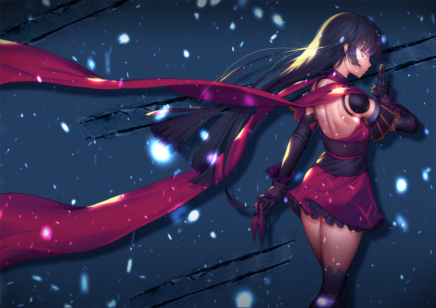 1girl bangosu bare_back black_hair black_legwear detached_sleeves dress fate/grand_order fate_(series) from_behind glowing hair_down japanese_clothes katou_danzou_(fate/grand_order) kunai long_hair looking_back open-back_dress profile red_scarf robot_joints scarf slash snow solo thigh-highs weapon yellow_eyes