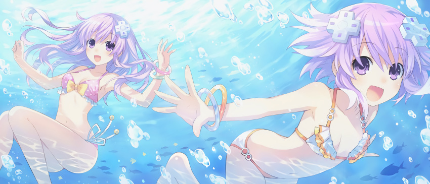 2girls :d absurdres air_bubble bangle bangs bikini bikini_bottom blue_eyes bow_bikini bracelet breasts bubble d-pad eyebrows eyebrows_visible_through_hair fish freediving hair_ornament highres jewelry long_hair looking_at_viewer medium_breasts multiple_girls navel nepgear neptune_(choujigen_game_neptune) neptune_(series) open_mouth outstretched_arms purple_hair short_hair side-tie_bikini sidelocks small_breasts smile spread_arms swimming swimsuit tsunako underwater violet_eyes