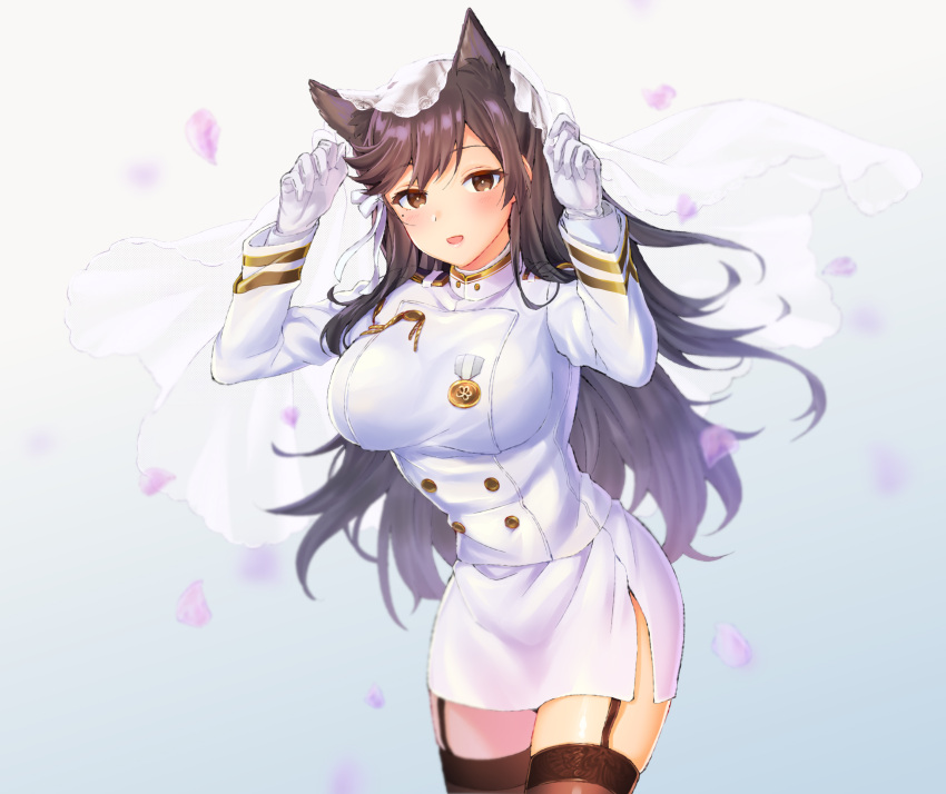 1girl animal_ears atago_(azur_lane) azur_lane black_hair blush breasts brown_eyes buttons commentary_request garter_straps gloves highres kokumumumu_(user_ezam2325) large_breasts long_hair long_sleeves looking_at_viewer mole mole_under_eye solo thigh-highs white_gloves