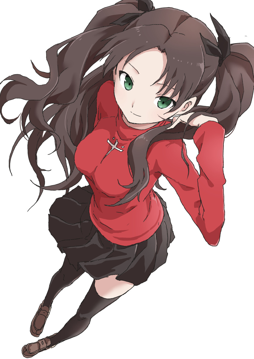 1girl absurdres bangs black_hair brown_footwear closed_mouth fate/stay_night fate_(series) from_above green_eyes hand_up highres loafers long_hair looking_at_viewer miniskirt parted_bangs pleated_skirt red_sweater shoes simple_background skirt smile solo sweater thigh-highs tohsaka_rin turtleneck turtleneck_sweater wavy_hair white_background yamamoto_souichirou