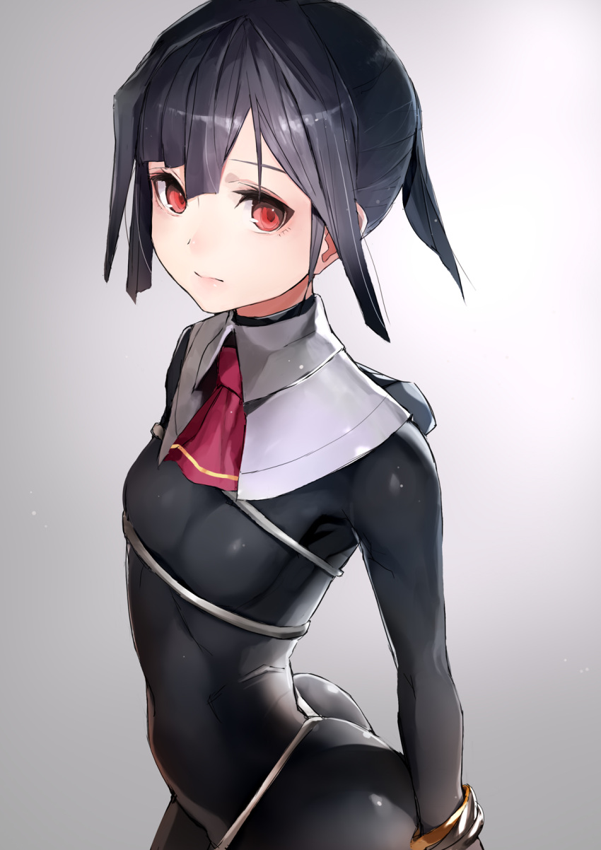 1girl 3: arched_back ass bangs black_hair blush bodysuit breasts closed_mouth from_side highres looking_at_viewer original ponytail red_eyes short_hair sidelocks small_breasts solo taishi_(picchiridou)