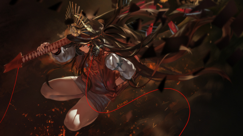 1girl artist_name avamone bare_legs black_hair black_hat blurry cable closed_mouth clothes_writing debris demon_archer depth_of_field electric_guitar fate/grand_order fate_(series) from_above full_body grey_skirt guitar hair_between_eyes hand_in_pocket hat headphones headphones_around_neck highres instrument long_hair long_sleeves looking_at_viewer looking_up open_clothes open_vest over_shoulder peaked_cap red_eyes red_vest skirt solo squatting striped striped_skirt thighs very_long_hair vest