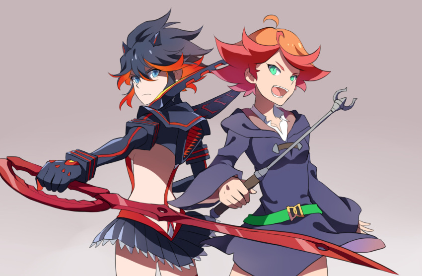 2girls ahoge amanda_o'neill back-to-back belt black_clothes black_hair black_skirt blue_eyes breasts closed_mouth company_connection crossover dress female green_eyes hair_between_eyes hair_ornament highres holding holding_wand holding_weapon kill_la_kill little_witch_academia looking_at_viewer looking_back matoi_ryuuko midriff multicolored multicolored_hair multiple_girls neck open_mouth orange_hair redhead revealing_clothes round_teeth scissor_blade senketsu serious skirt smile standing suspenders teeth tomboy trigger_(company) two-tone_hair under_boob wand weapon witch