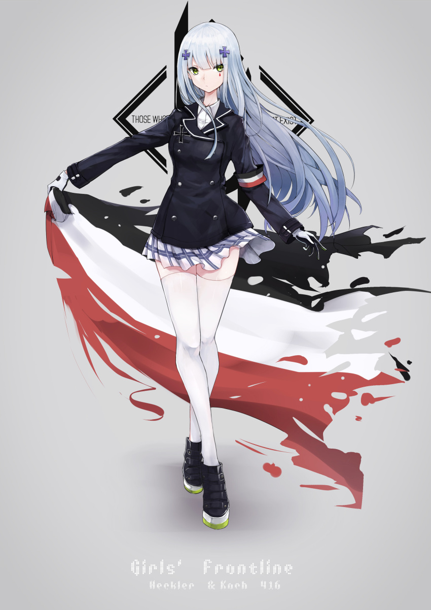 1girl absurdres armband bangs black_footwear blue_skirt blunt_bangs character_name closed_mouth copyright_name double-breasted expressionless facial_mark full_body girls_frontline gloves green_eyes hair_ornament hairpin highres hk416_(girls_frontline) holding_flag imperial_german_flag iron_cross legs_crossed long_hair long_sleeves looking_at_viewer military military_jacket military_uniform outstretched_arm plaid plaid_skirt shiny shiny_hair shoes silver_hair skirt solo standing thigh-highs umi_okami_kun uniform very_long_hair watson_cross white_gloves white_legwear zettai_ryouiki