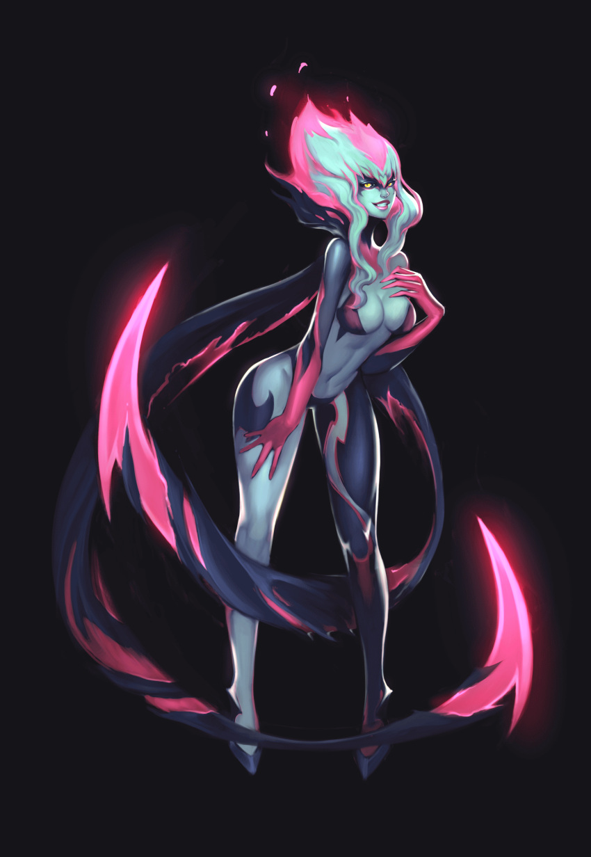 absurdres animated animated_gif black_background black_sclera blue_hair blue_skin breasts cleavage evelynn fang flaming_hair full_body gem_lim half-closed_eyes hand_on_own_chest hand_on_own_thigh highres league_of_legends leaning_forward looking_at_viewer makeup mascara multicolored_hair navel pink_hair scythe simple_background slit_pupils smile standing teeth two-tone_hair yellow_eyes