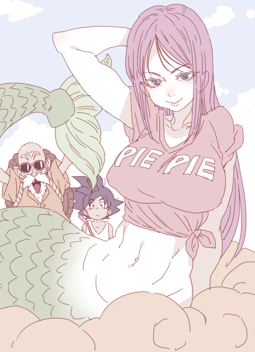 1girl 2boys :d arm_support arm_up bald bare_arms beard blue_eyes blue_sky breasts closed_mouth clothes_writing clouds collarbone day dragon_ball facial_hair hand_behind_head hands_up highres large_breasts long_hair looking_at_viewer mermaid mermaid_(dragon_ball) monster_girl multiple_boys mustache muten_roushi navel old_man open_mouth orange_shirt outdoors pale_color purple_hair scales shirt short_sleeves sky smile son_gokuu spiky_hair sunglasses tasaka_shinnosuke tied_shirt turtle_shell