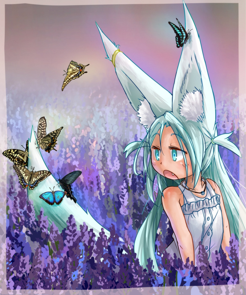 1girl :o animal_ears bare_arms bare_shoulders blue_eyes blue_hair butterfly child commentary_request doitsuken dress earrings eyebrows_visible_through_hair fang field flower flower_field fox_ears fox_girl fox_tail highres jewelry lavender_(flower) looking_away looking_back necklace open_mouth original solo sundress tail