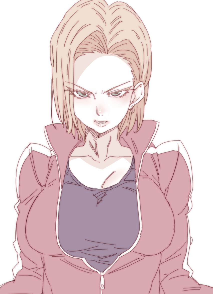 1girl android_18 blonde_hair blue_eyes blue_shirt blush breasts commentary_request dragon_ball dragonball_z high_collar highres jacket large_breasts long_sleeves looking_at_viewer medium_hair pale_color parted_lips red_jacket shirt simple_background solo tasaka_shinnosuke unzipped white_background zipper