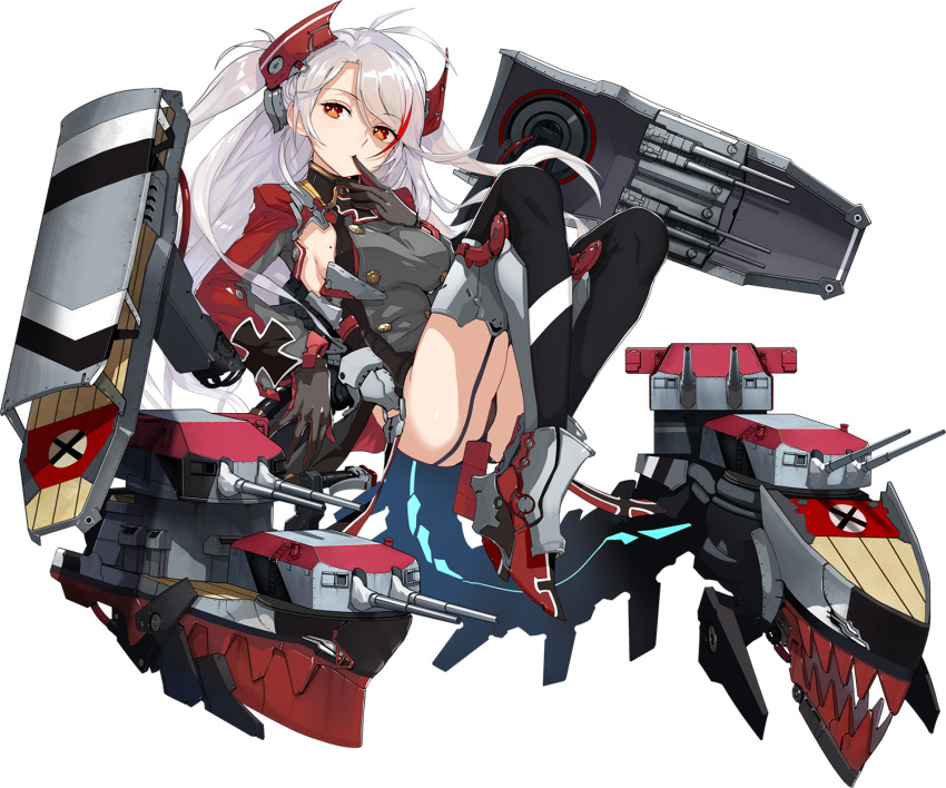 1girl armpit_cutout azur_lane black_gloves black_legwear black_panties boots breasts cannon double-breasted eyebrows_visible_through_hair finger_sucking finger_to_mouth floating full_body game_cg garter_straps gloves headgear high_heel_boots high_heels highres iron_cross knees_up long_hair long_sleeves looking_at_viewer looking_to_the_side machinery medium_breasts mole mole_on_breast multicolored multicolored_clothes multicolored_gloves official_art orange_eyes panties pantyshot prinz_eugen_(azur_lane) realmbw red_gloves rudder_shoes side_cutout sideboob silver_hair simple_background solo thigh-highs transparent_background two_side_up underwear
