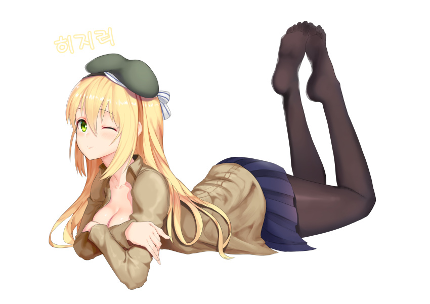 1girl ;) absurdres beret black_legwear blonde_hair blue_skirt breasts brown_shirt cleavage closed_mouth collarbone collared_shirt crossed_arms eyebrows_visible_through_hair feet full_body girls_frontline greem_bang green_eyes green_hat hair_between_eyes hat highres legs_up long_hair looking_at_viewer m1_(zhan_jian_shao_nyu) medium_breasts miniskirt no_shoes one_eye_closed pantyhose pleated_skirt shiny shiny_skin shirt simple_background skirt smile soles solo toes white_background