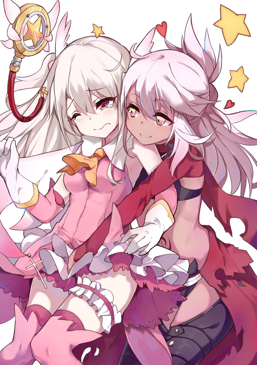 2girls absurdres between_legs chloe_von_einzbern dark_skin fate/kaleid_liner_prisma_illya fate_(series) gloves groping hand_between_legs highres illyasviel_von_einzbern magical_girl magical_ruby multiple_girls navel one_eye_closed pantie_painting pink_hair prisma_illya silver_hair simple_background star stomach stomach_tattoo thigh-highs thigh_strap white_background white_gloves yuri